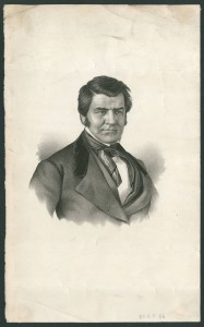 Picture shows a bust-length lithographed portrait of Albert Newsam. His body is slightly angled to the viewer’s left and his gaze looks slightly to the viewer’s right. He has dark hair, parted on the left side to the viewer, and worn slightly long and swept to the sides. He also has side burns. Newsam wears a jacket with wide notched lapels that are partially in velvet and over a loose fitting vest and a white shirt. He also wears a cravat with the ends hanging loosely. [end of description]