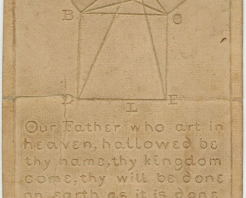 Our Father Who Art in Heaven. Boston, 1833. Raised-letter specimen card. 8.5 x 5 in. This pictures shows a tactile specimen made from a piece of light brown rectangular cardstock, with a geometric shape and the Lord’s prayer embossed into its surface. There is a crease in the middle of the paper, as though it has been folded. There is a geometric shape comprised of squares and triangles on the upper half of the print, with alphabetic letters A through I and K at each corner of the figure. The words on the lower half of the card form part of the Lord’s prayer and read as follows: “Our Father who art in heaven, hallowed be thy name, thy kingdom come, thy will be done on earth as it is done in heaven: give us this day our daily bread, and forgive us our trespasses as we for”. The text ends at the word “for,” without punctuation. Specimen was originally included in the "Address to the Trustees of the New England Institution for the Education of the Blind" (Boston 1833). [End of description]