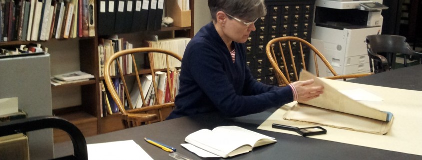 Artist-in-residence Teresa Jaynes researching in the Print Department, January 2015.