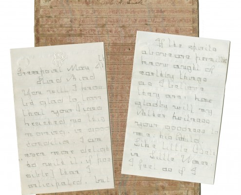 Manuscript letters signed “Jenny,” and pasteboard writing guide, late 19th century.