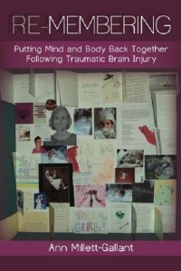 Picture shows the violet-hued illustrated book cover. In the center is the page of an open scrapbook covered in drawings on paper, photographs, cards, and pages of writings. At the top of the cover is the text: Re-Membering: Putting Mind and Body Back Together Following Traumatic Brain Injury. At the bottom of the cover is the text: Ann Millett-Gallant. [end of description]