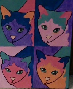 Picture shows a painting with four, multi-colored variant portraits of the face and upper back of the same pointy-chinned cat looking up at the viewer. The portraits are arranged in rows and columns of two. She has green almond-shaped eyes and a large, wavy-edged patch of different colored fur at the top of her head. Her ears are a different color from her face and the patch on her head. The cat in the upper left portrait has a purple face, dark blue head patch, orange ears, and pink back. The background color is green. The cat in the upper right portrait has a light pink face, green head patch, dark pink ears, and purple back. The background color is dark blue. The cat in the lower left portrait has a dark pink face, purple head patch, green ears, and dark blue back. The background color is pink. The cat in the lower right portrait has an orange face, pink head patch, dark blue ears, and green back. The background color is purple. [end of description]
