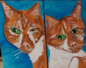 Picture shows a double-sided bust portrait of an orange tabby cat, Sunny, on a blue background. In the left, Sunny, his heart-shaped head crooked, looks at the viewer with his green eyes. His right eye is large and almond–shaped. His left eye is shaped like a slit. Patches of white fur run down the sides of his muzzle and on his chest. In the right, the cat tilts his triangular-shaped head slightly to the left. He looks at the viewer with his green eyes. His irises are shifted to the left edges of his almond-shaped eyes. He has patches of white fur on his cheeks and a large patch that covers nearly his entire chest. [end of description]