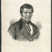 Picture shows a bust-length lithographed portrait of Albert Newsam. His body is slightly angled to the viewer’s left and his gaze looks slightly to the viewer’s right. He has dark hair, parted on the left side to the viewer, and worn slightly long and swept to the sides. He also has side burns. Newsam wears a jacket with wide notched lapels that are partially in velvet and over a loose fitting vest and a white shirt. He also wears a cravat with the ends hanging loosely. [end of description]