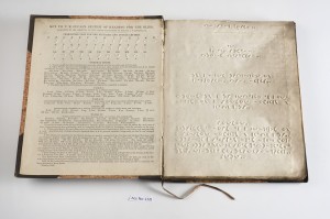 This book is open on the frontispiece. On the left hand page is pasted an alphabet code with some embossed characters, and printed text. The right hand page contains embossed text. [Transcription of the left hand page]: ‘Key to T. M. Lucas’s System of Reading for the Blind, as modified by the committee in 1858, under the revision of the Rev. J. W. Gowring, B. A. Characters used for the Alphabet and Double Letters’. [transcription interrupted]. Below this line are three lines of Roman alphabet characters with corresponding symbols from Lucas’s alphabet embossed below. The first two lines are characters of the alphabet A-N and O-Z, the bottom line has double letters LL, SS, FF, TH, SH, PH, CH, NG, WH, GH, &C, again with corresponding symbols from Lucas’s alphabet embossed below. [Transcription resumed]. General Rules. 1. Vowels sounded in the Consonants are generally omitted, as b for be, nd for end, drk for dark. 2. Other Vowels, but not at the beginning of a word, are also often omitted in words of frequent use, if no mistake can thereby be made. The following are the chief instances of such Contractions:– Abt about. Abv above. Agn again. Agnst against. Bes because. Bth both. Bn been. Sn seen. Btwn between. Bk book. Lk look. Tk took. Chf chief. Chld child. Cm come. Cn can. Dd deed. Dth death. Dp deep. Kp keep. Shp sheep. Slp sleep. Swp sweep. Wp weep. Gd good. Grt great. Hd had. Hst hast. Hth hath. Hm him. Hr her. Hs his. Hw how. Nw now. Jdg judge. Lt let. Lw law. Sw saw. Mnth month. Wk week. Yr year. Mr more. Nr nor. Nt not. Pc peace. Ppl people. Prev perceive. Wht what. Whm whom. Whs whose. Wrk work. Ws was. TABLE I. Words expressed by a single character. A and. B but. C Christ. D down. E ever. F for. G God. H have. J Jesus. K king. L Lord. M mother. N into. O over. P upon. Q queen. R are. S us. T the. U you. V verily. W with. X except. Y yet. Z zion, sion. FF from. TH thou. SH shall, shalt. PH Pharisee. WH which. GH ghost. TABLE II. Prefixes expressed by a single character, but not generally used when followed immediately by a vowel. C com, con. D dis. F for. M mis. N under. P pro. R re. S sup, sub. T trans. W with. X extra. TABLE III. Terminations expressed by a single character in words of more than one syllable. B ble. D ed. F ful. H hood. I ing. L less. M ment. N ness. R er. S soever. T tive. W ward. SH tion. TH eth. Sl self, selves. TABLE IV. Words contracted by the omission both of vowels and consonants. Bf before. Bl blind. Br brother. Brn brethren. Cd could. Fr friend. Gl glory. Gr grace. Hn heaven. Imy Immediately. Kd kingdom. Nsg notwithstanding. Nvs nevertheless. Pl pleasure. Pr prayer. Shd should. Sp spirit. St saint. Str strength. Thf therefore. Tr trouble. Wd would. Whf wherefore. S is added to some of the above Contractions to form the plural, as frs for friends; tabs for tables, &c., and some of these Contractions are also occasionally used in compound words, as elati for everlasting, otake for overtake, ur for your. 4. When, according to the preceding rules, two Contractions would immediately follow each other, only one generally is used. And when any of these rules are departed from, it is to prevent mistakes being made, as died is not changed into did. 5. The characters standing for the Double Letters are used to express both the Cardinal and Ordinal numbers, with the exception of first, which might often be mistaken for one. LL one [1]. SS two [2] second. FF thre, [3] third. TH four, ]4] fourth. SH five, [5] fifth. PH six, [6] sixth. CH seven, [7] seventh. NG eight, [8] eight. WH nine, [9] ninth. GH for the cipher, [0]. The Numbers above 9, are expressed by putting these Characters for their respective figures, as LL GH for 10 or tenth; LL NG for 18 or eighteenth; TH CH LL for 471 etc. The word Lord being in the Old Testament sometimes printed all in capital letters (LORD) which marks out that the original word, in the Hebrew, is Jehovah, this distinction is kept up by spelling the word Lord, in such cases, at full length, except when followed by the word God, as it is then almost always Jehovah. Proper names are spelt at full length. A semicolon or colon is expressed by a single dot at the bottom of the line, and a period by two dots. A greater space is also left whenever there is a fresh paragraph. The blind value these contractions as well as the short-hand writer, because by their aid they can read as fast with their fingers as any good reader (when he reads aloud) who is privileged with the blessing of sight. NB In the books previously published a greater number of Contractions have been used, as will be found by the Keys attached to these books. October, 1868. [end transcription]. The right hand page contains frontispiece details embossed in Lucas type [translation not given]. [End description]