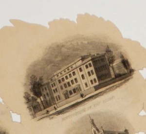 Picture shows a close-up of a vignette image at the top of one of the jagged- edged “petals” of one of the prints. Vignette depicts the four-story rectangular shaped building with several rectangular windows of the Pennsylvania Institution for the Instruction of the Blind. A tree flanks each side of the building. A smaller building with several rectangular windows stands behind the larger building to the viewer’s right. The side of another smaller building stands next to the larger building to the viewer’s left. Three pedestrians – a man and a couple composed of a man and a woman – walk on the sidewalk in front of the building. Text printed below the image reads: “Institution of the Blind.” [end of description]