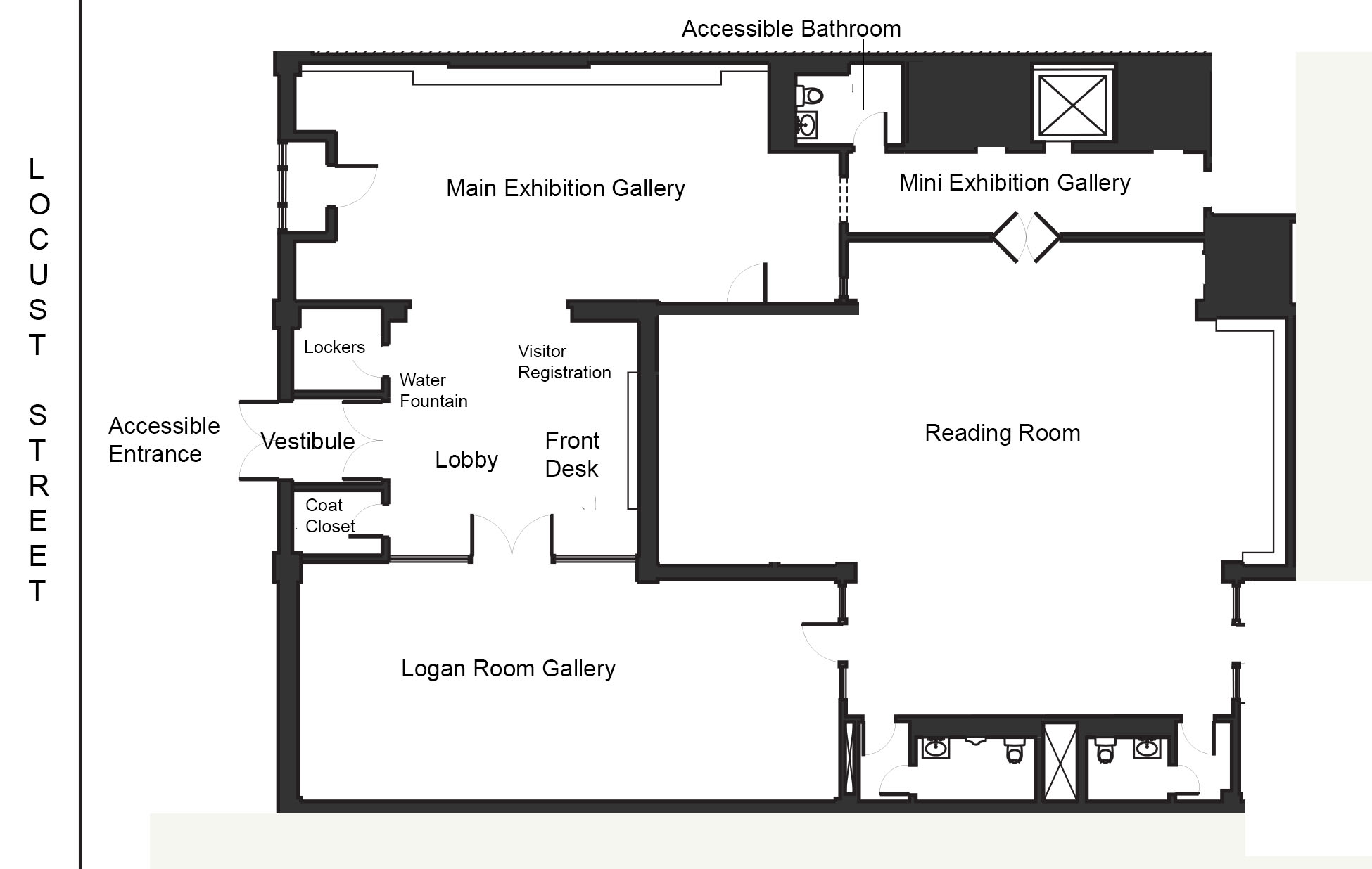Picture shows first floor plan of the Library. Plan includes areas designated Accessible Entrance, Front Desk, Visitor Registration, Water Fountain, Main Exhibition Gallery, Accessible Bathroom, and Mini Exhibition Gallery. From Front Desk designated spaces move in a clockwise direction.